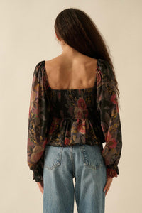 Roaming Blooms Smocked Floral Ruffle Peasant Top - ShopPromesa