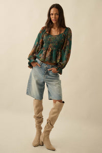 Roaming Blooms Smocked Floral Ruffle Peasant Top - ShopPromesa