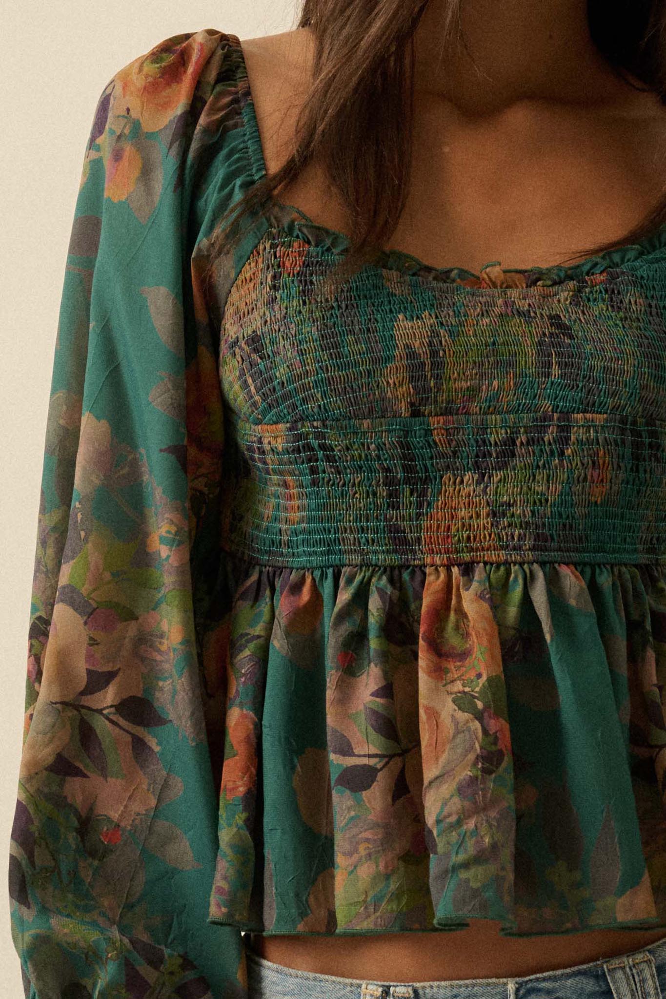 Roaming Blooms Smocked Floral Ruffle Peasant Top - ShopPromesa