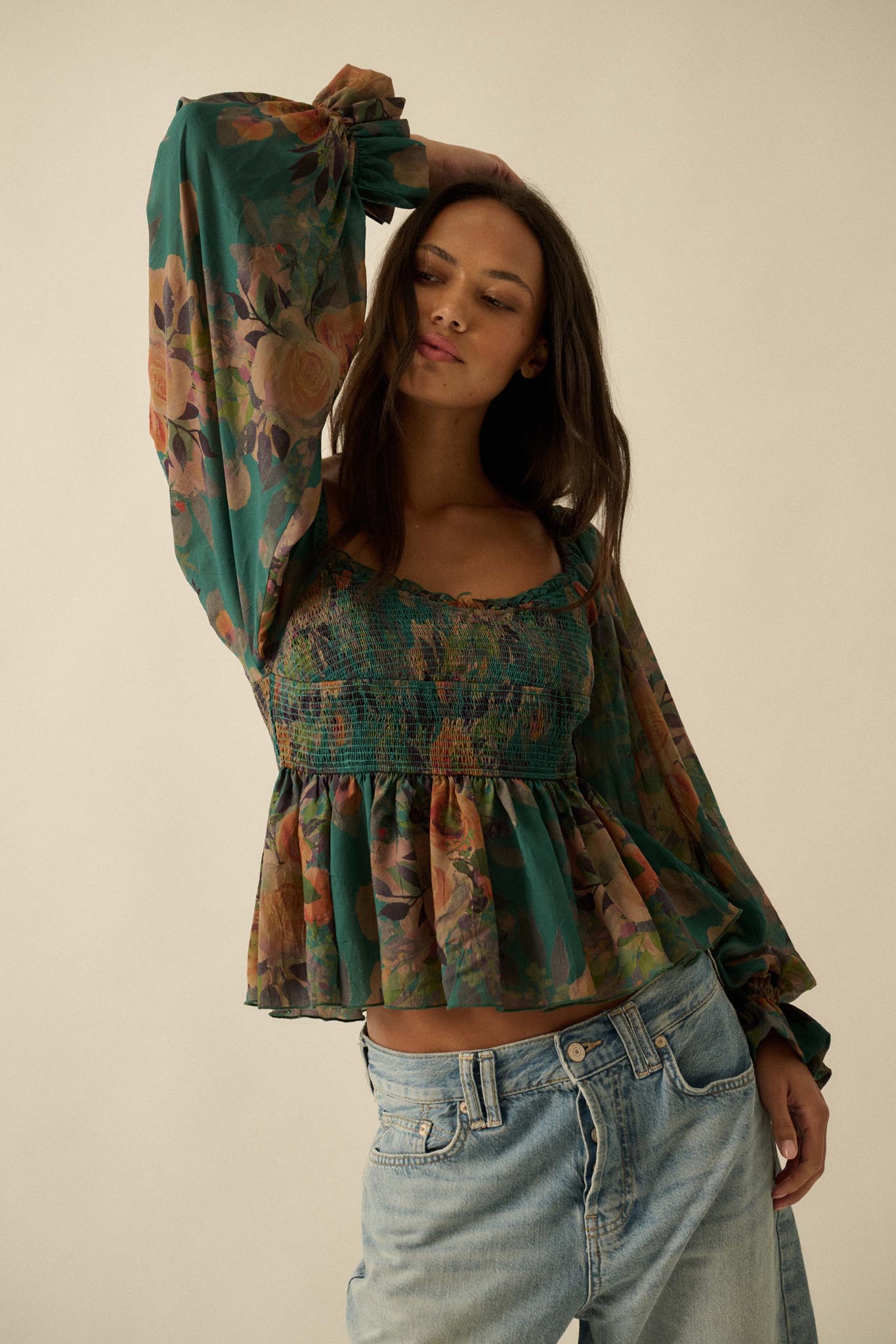 Roaming Blooms Smocked Floral Ruffle Peasant Top - ShopPromesa