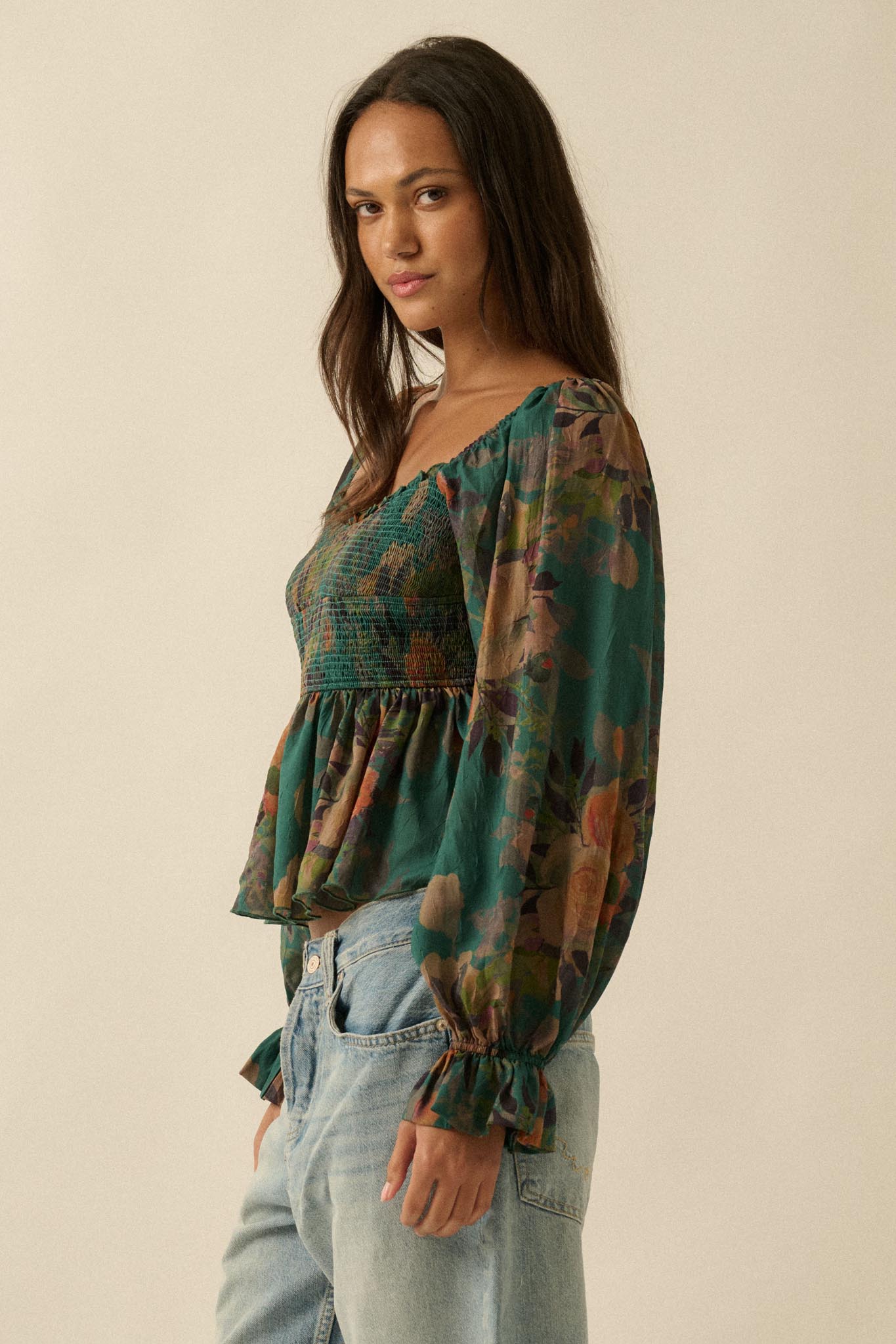 Roaming Blooms Smocked Floral Ruffle Peasant Top - ShopPromesa