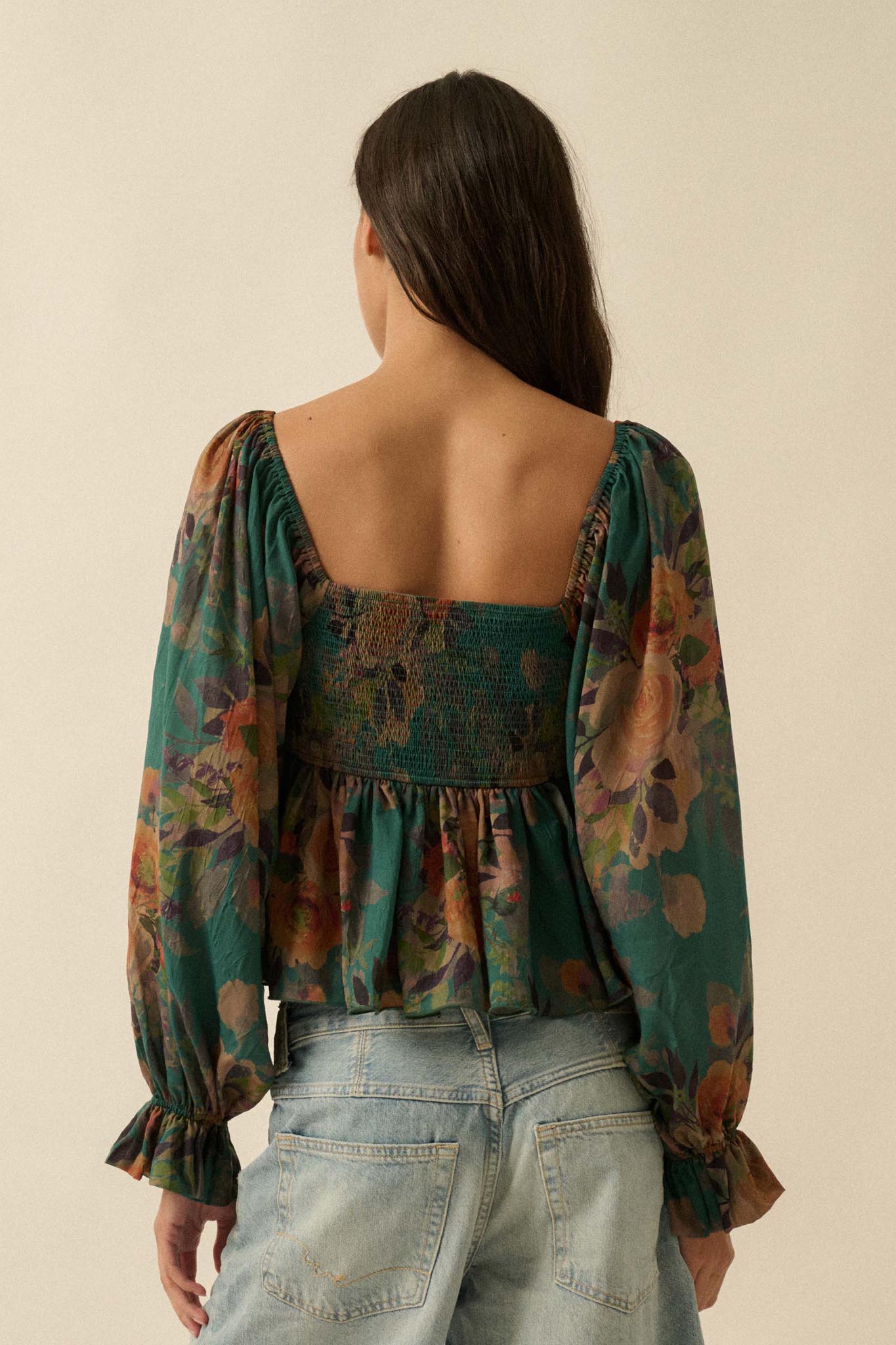 Roaming Blooms Smocked Floral Ruffle Peasant Top - ShopPromesa