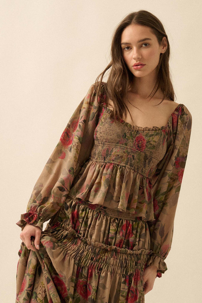 Roaming Blooms Smocked Floral Ruffle Peasant Top - ShopPromesa