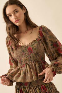 Roaming Blooms Smocked Floral Ruffle Peasant Top - ShopPromesa