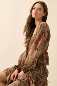 Roaming Blooms Smocked Floral Ruffle Peasant Top - ShopPromesa