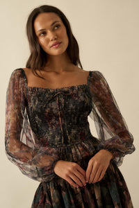 Bohemian Bliss Smocked Floral Tulle Peasant Top - ShopPromesa