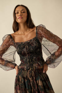 Bohemian Bliss Smocked Floral Tulle Peasant Top - ShopPromesa