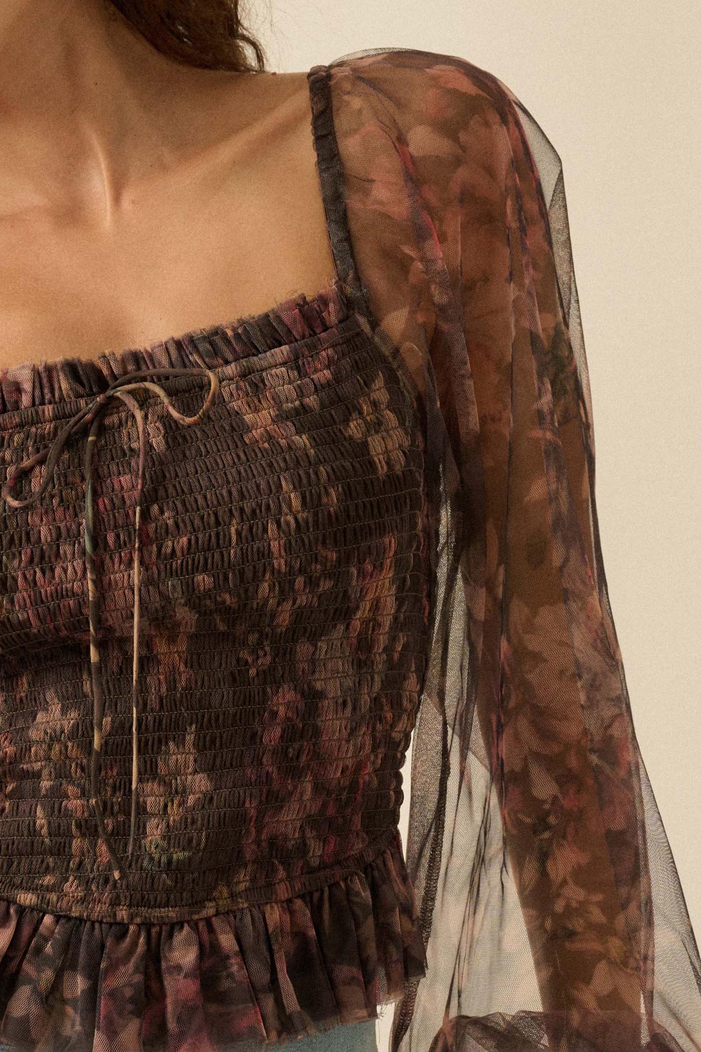 Bohemian Bliss Smocked Floral Tulle Peasant Top - ShopPromesa