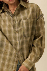 Lost and Found Plaid Raw-Edge Button-Up Shirt - ShopPromesa
