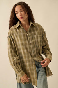 Lost and Found Plaid Raw-Edge Button-Up Shirt - ShopPromesa