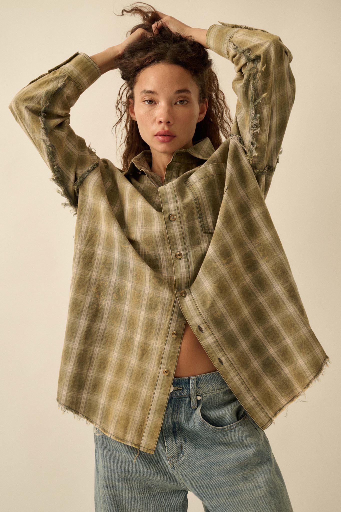 Lost and Found Plaid Raw-Edge Button-Up Shirt - ShopPromesa