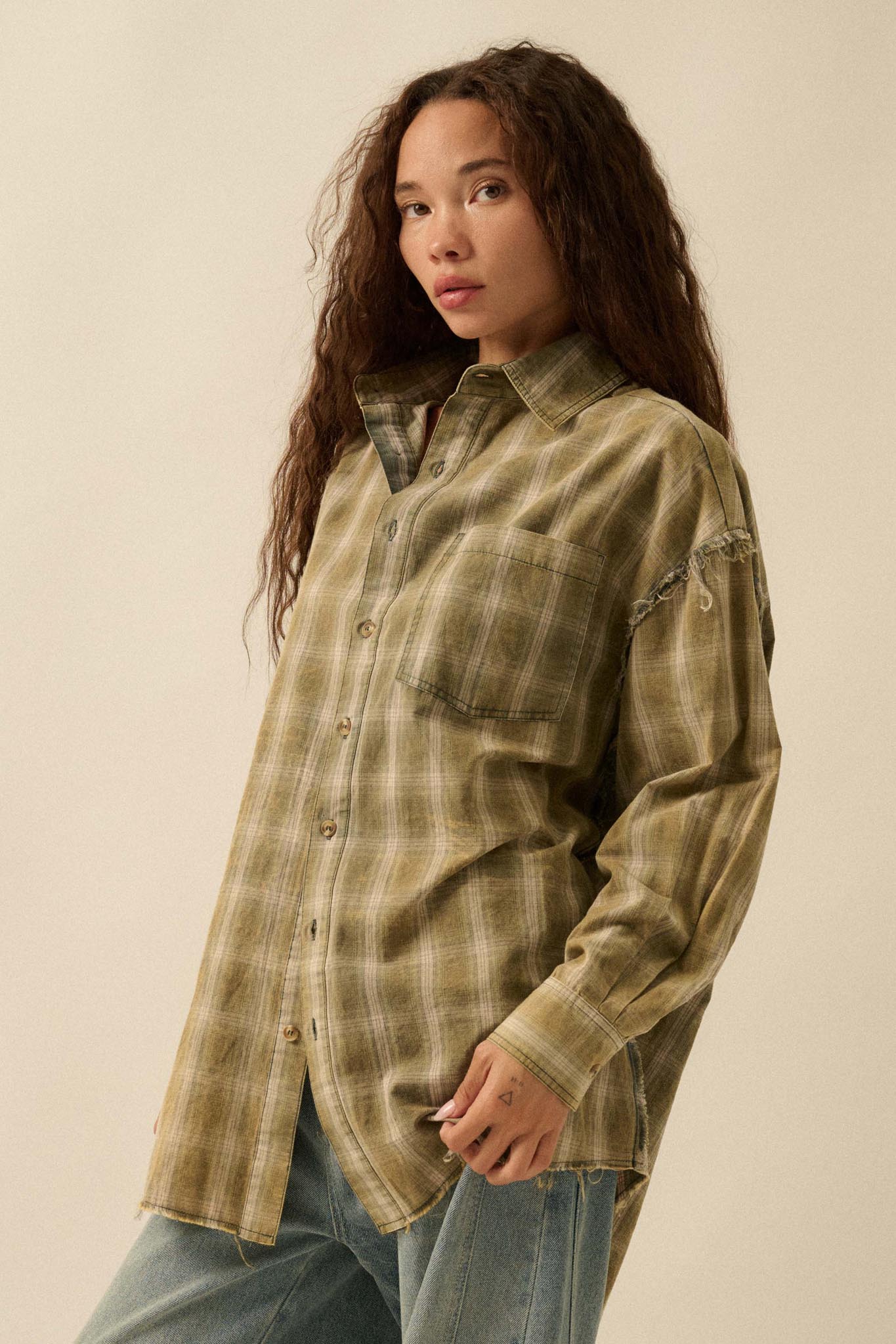 Lost and Found Plaid Raw-Edge Button-Up Shirt - ShopPromesa