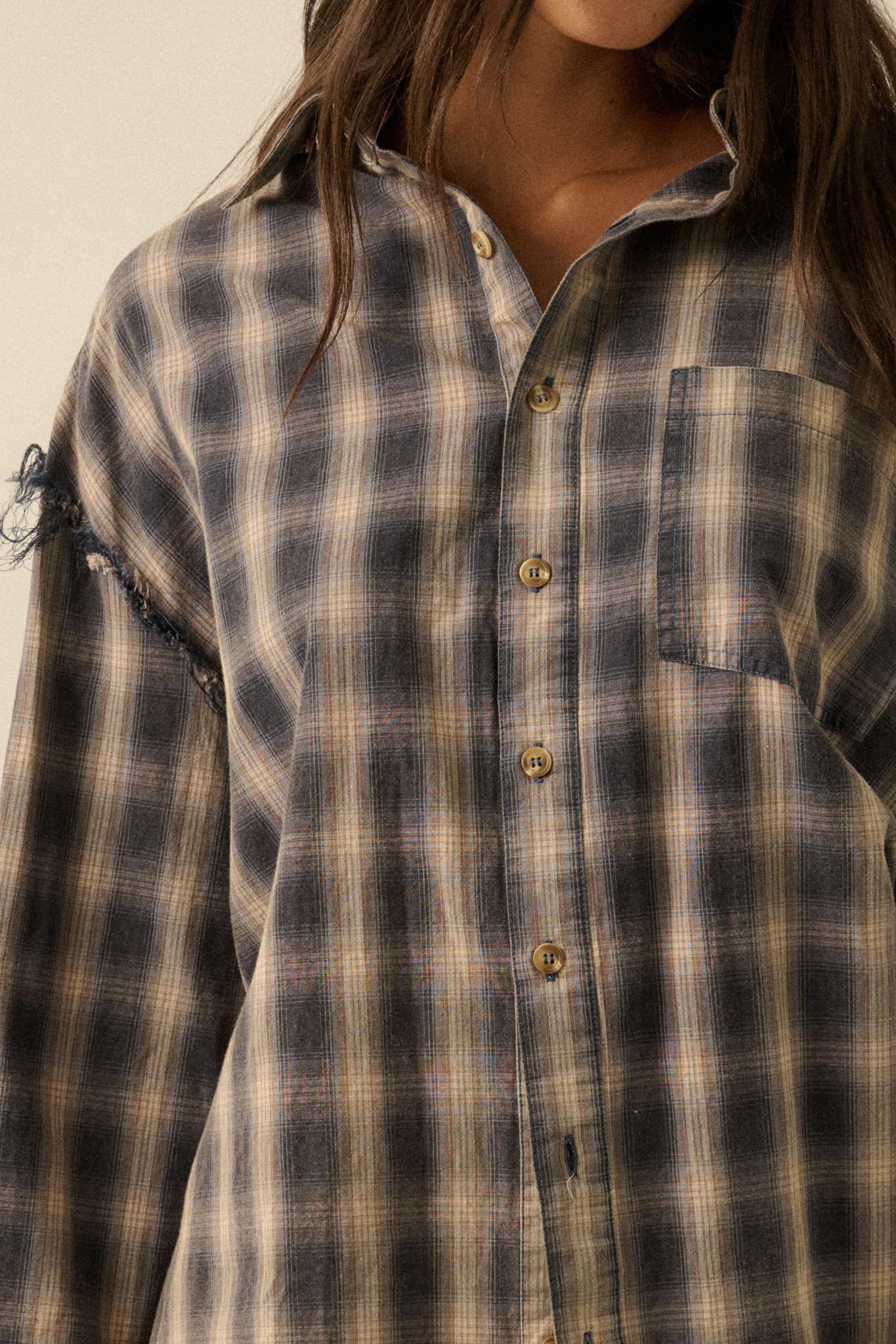 Lost and Found Plaid Raw-Edge Button-Up Shirt - ShopPromesa