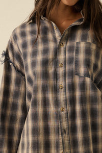 Lost and Found Plaid Raw-Edge Button-Up Shirt - ShopPromesa