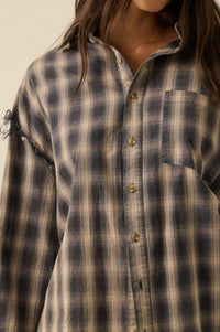Lost and Found Plaid Raw-Edge Button-Up Shirt - ShopPromesa