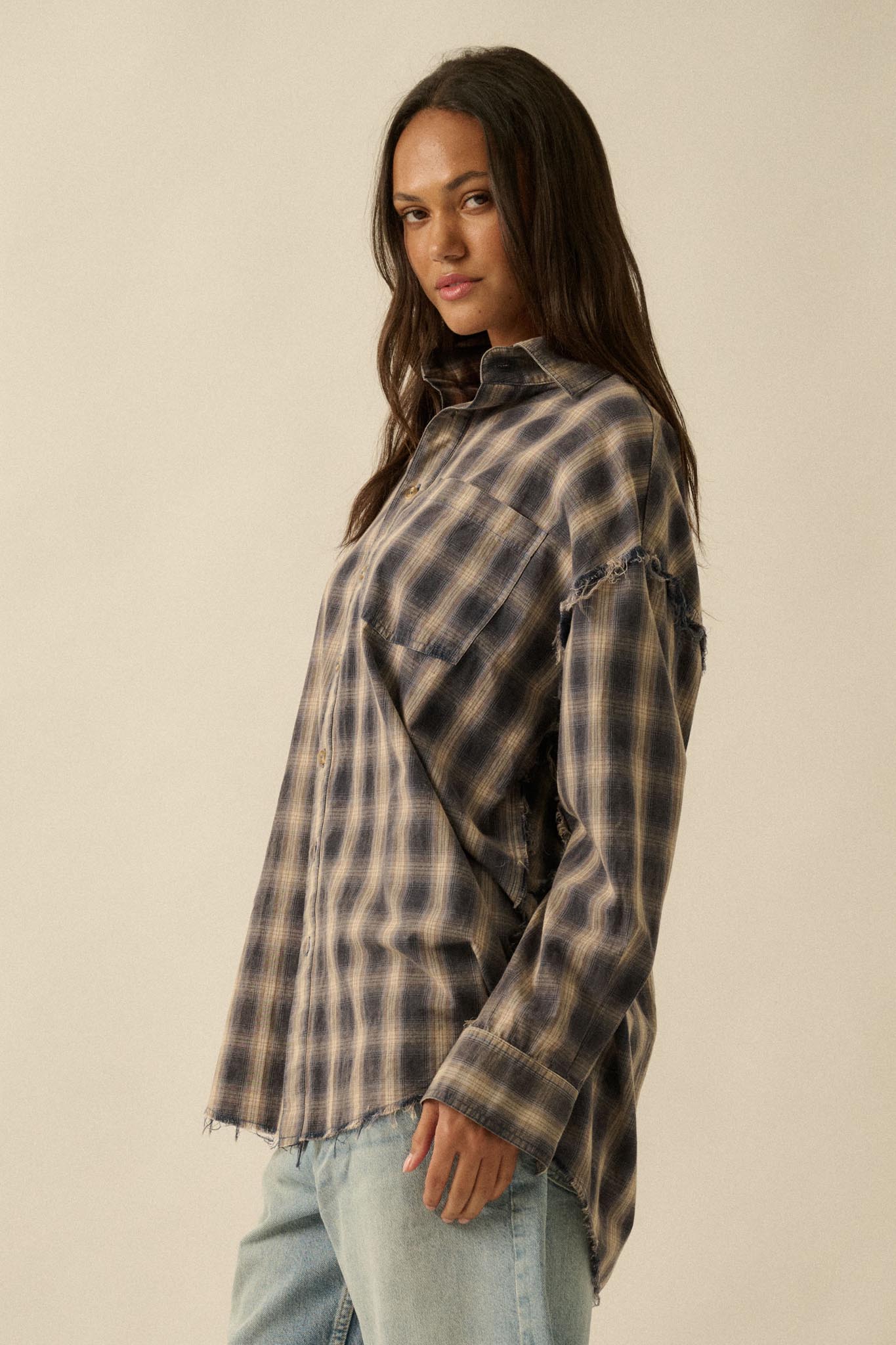 Lost and Found Plaid Raw-Edge Button-Up Shirt - ShopPromesa