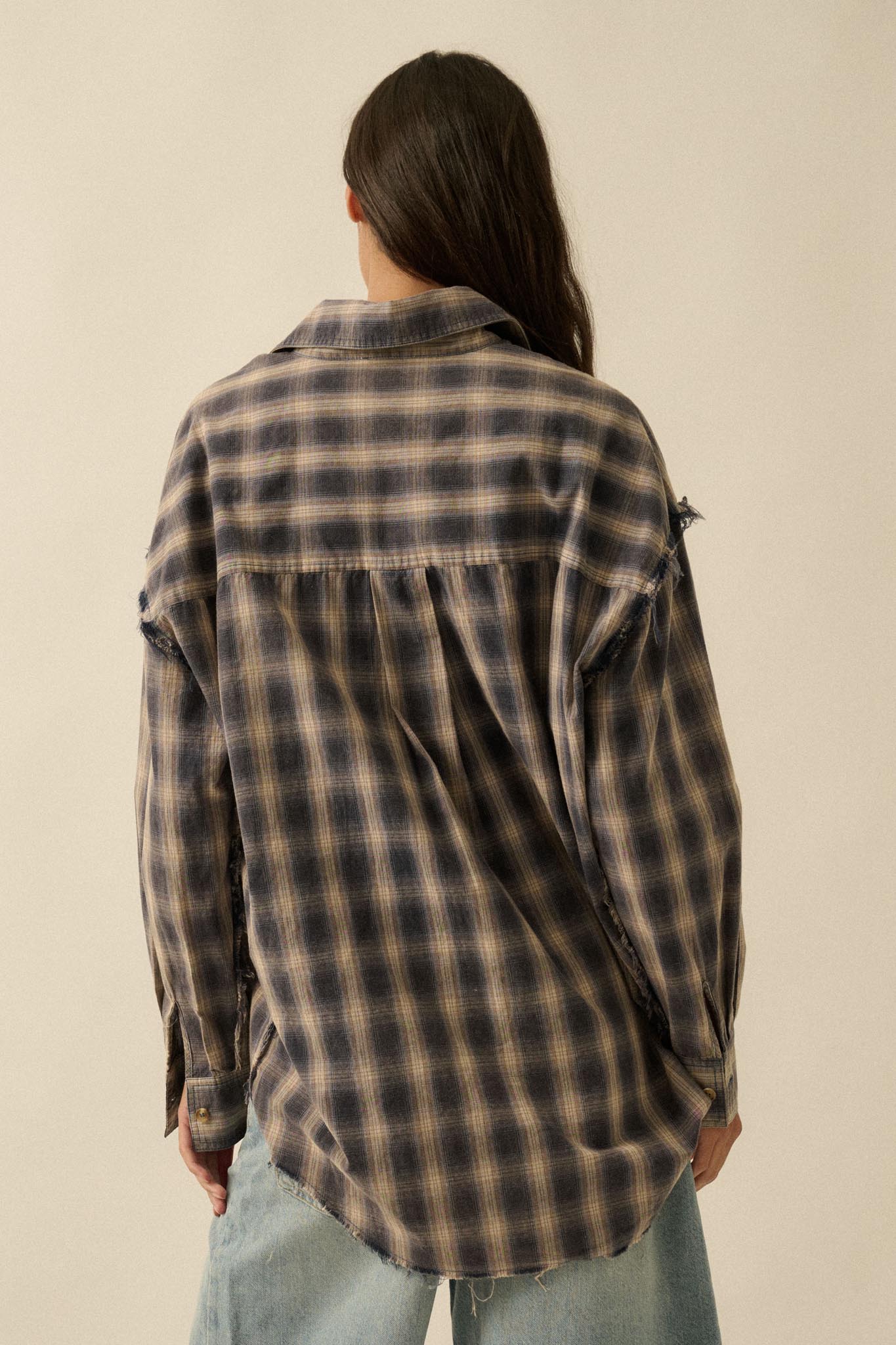 Lost and Found Plaid Raw-Edge Button-Up Shirt - ShopPromesa