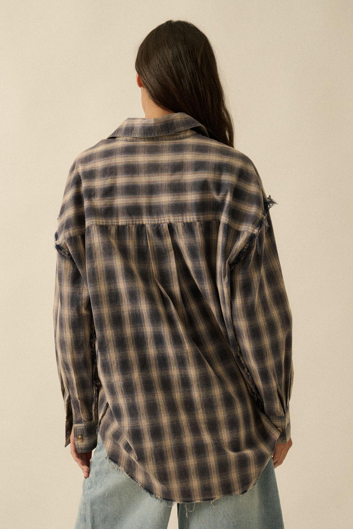 Lost and Found Plaid Raw-Edge Button-Up Shirt - ShopPromesa