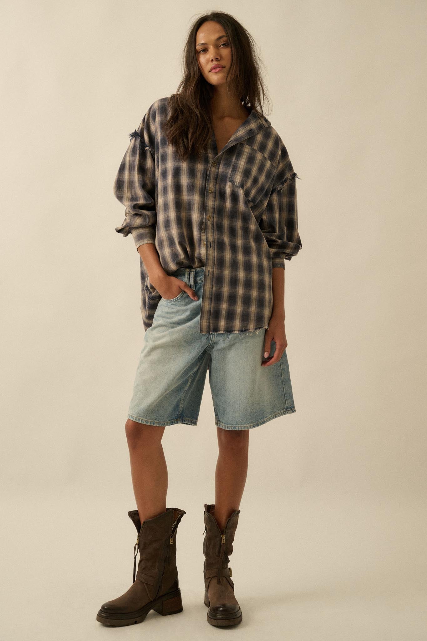 Lost and Found Plaid Raw-Edge Button-Up Shirt - ShopPromesa