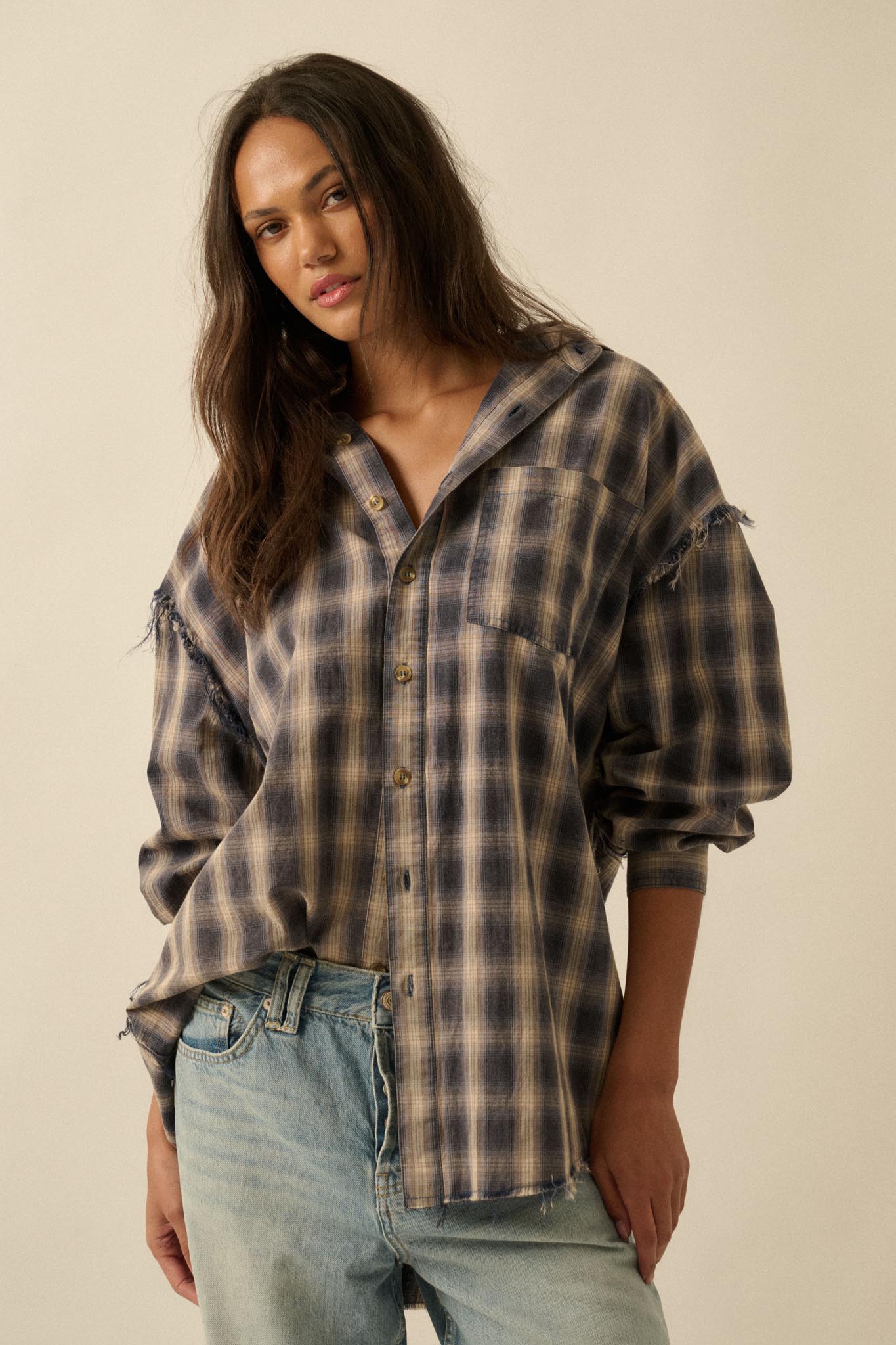 Lost and Found Plaid Raw-Edge Button-Up Shirt - ShopPromesa