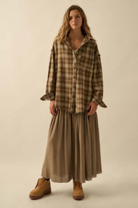 Grunge Era Oversize Raw-Edge Plaid Flannel Shirt - ShopPromesa