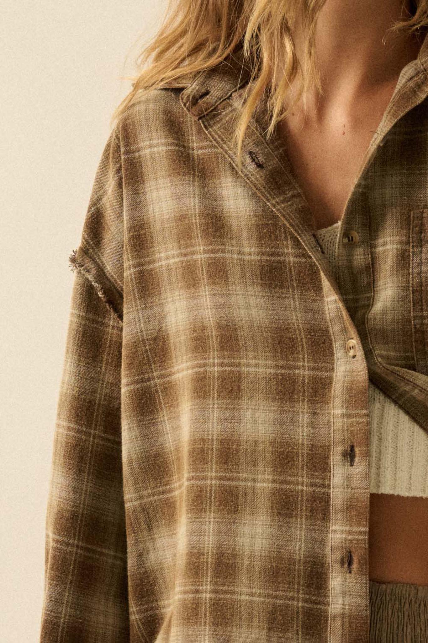 Grunge Era Oversize Raw-Edge Plaid Flannel Shirt - ShopPromesa