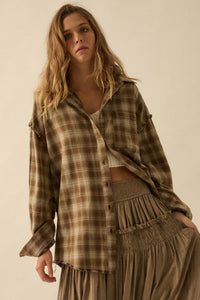 Grunge Era Oversize Raw-Edge Plaid Flannel Shirt - ShopPromesa