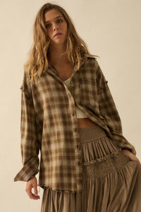 Grunge Era Oversize Raw-Edge Plaid Flannel Shirt - ShopPromesa