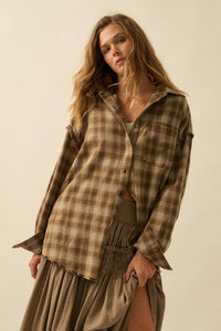 Grunge Era Oversize Raw-Edge Plaid Flannel Shirt - ShopPromesa