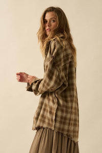 Grunge Era Oversize Raw-Edge Plaid Flannel Shirt - ShopPromesa