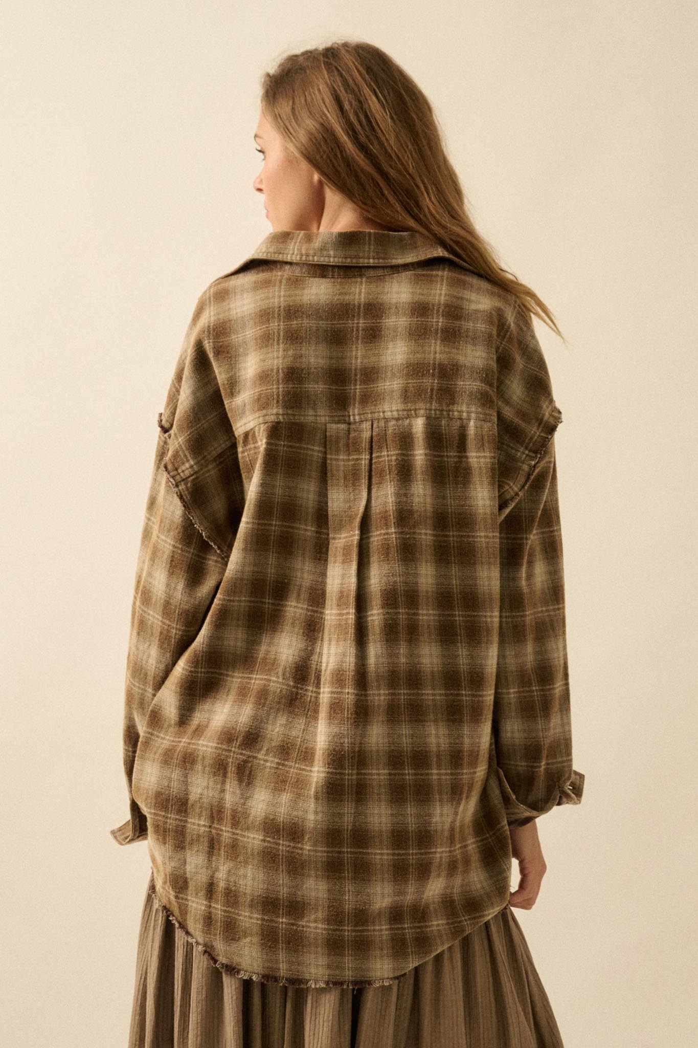 Grunge Era Oversize Raw-Edge Plaid Flannel Shirt - ShopPromesa