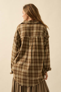 Grunge Era Oversize Raw-Edge Plaid Flannel Shirt - ShopPromesa