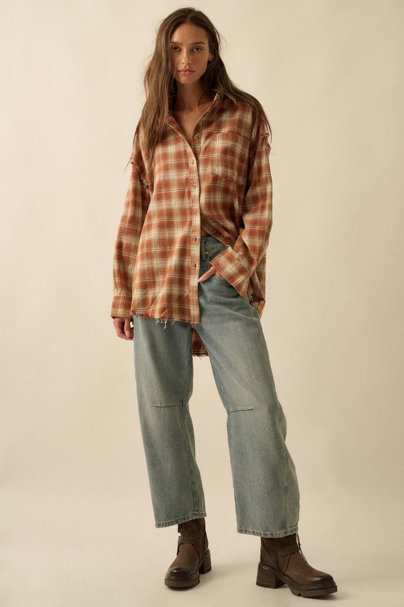 Grunge Era Oversize Raw-Edge Plaid Flannel Shirt Sand / M Grunge Era Oversize Raw-Edge Plaid Flannel Shirt Sand / M