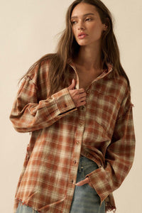 Grunge Era Oversize Raw-Edge Plaid Flannel Shirt - ShopPromesa
