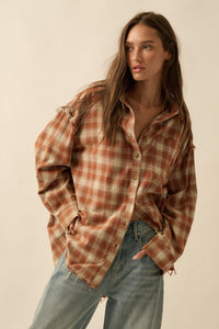 Grunge Era Oversize Raw-Edge Plaid Flannel Shirt - ShopPromesa