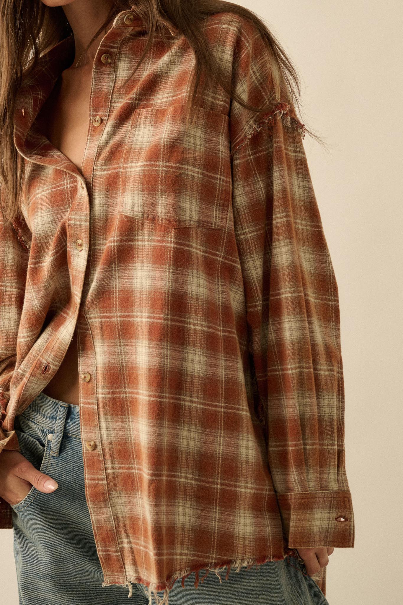 Grunge Era Oversize Raw-Edge Plaid Flannel Shirt Sand / M Grunge Era Oversize Raw-Edge Plaid Flannel Shirt Sand / M
