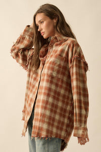 Grunge Era Oversize Raw-Edge Plaid Flannel Shirt - ShopPromesa