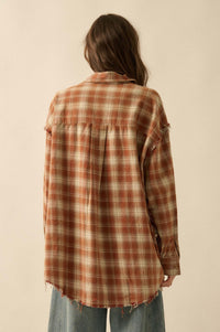 Grunge Era Oversize Raw-Edge Plaid Flannel Shirt - ShopPromesa