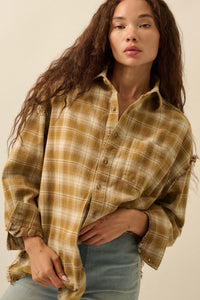 Grunge Era Oversize Raw-Edge Plaid Flannel Shirt - ShopPromesa