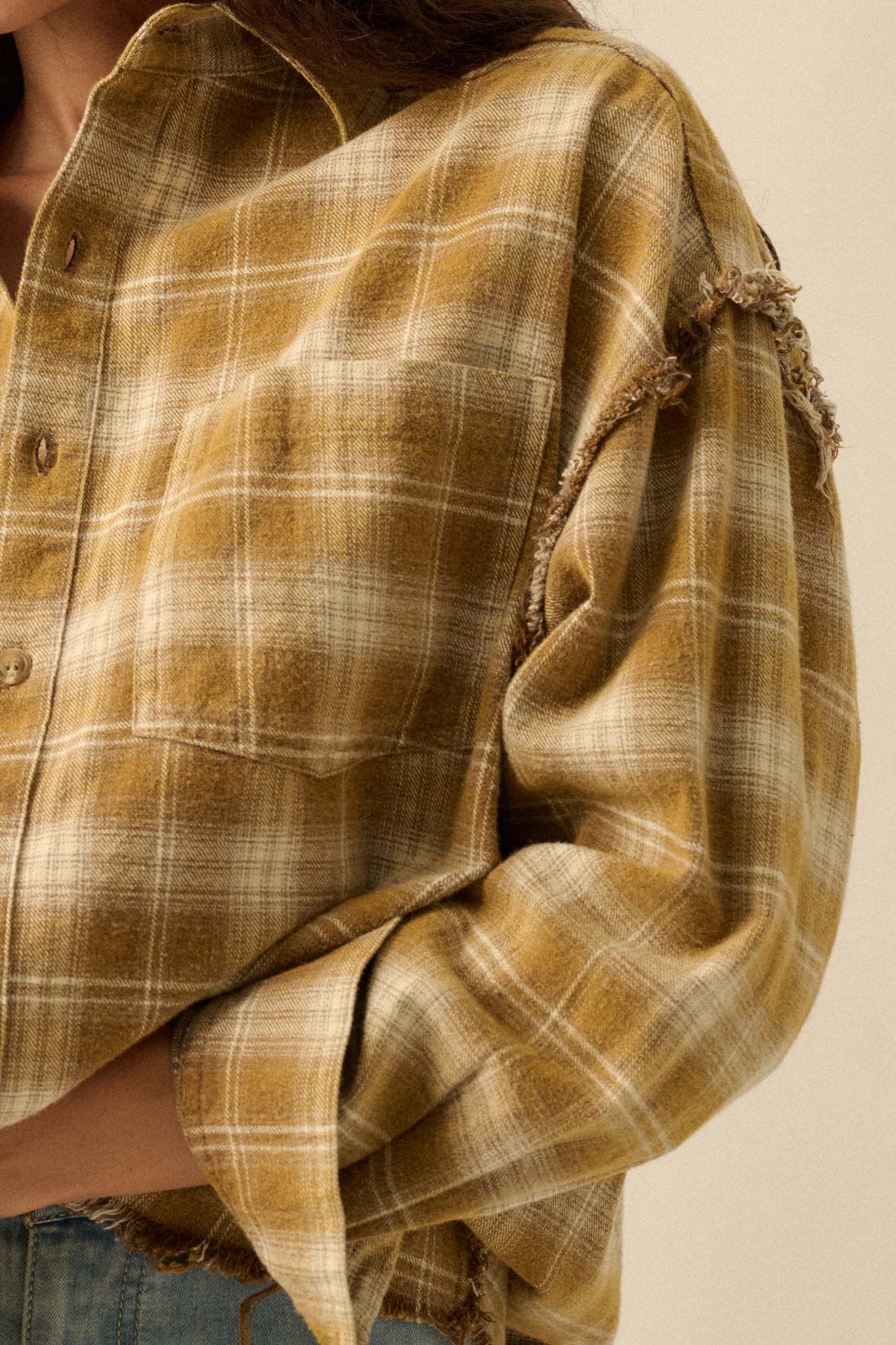 Grunge Era Oversize Raw-Edge Plaid Flannel Shirt - ShopPromesa