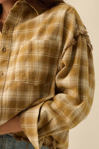 Grunge Era Oversize Raw-Edge Plaid Flannel Shirt - ShopPromesa