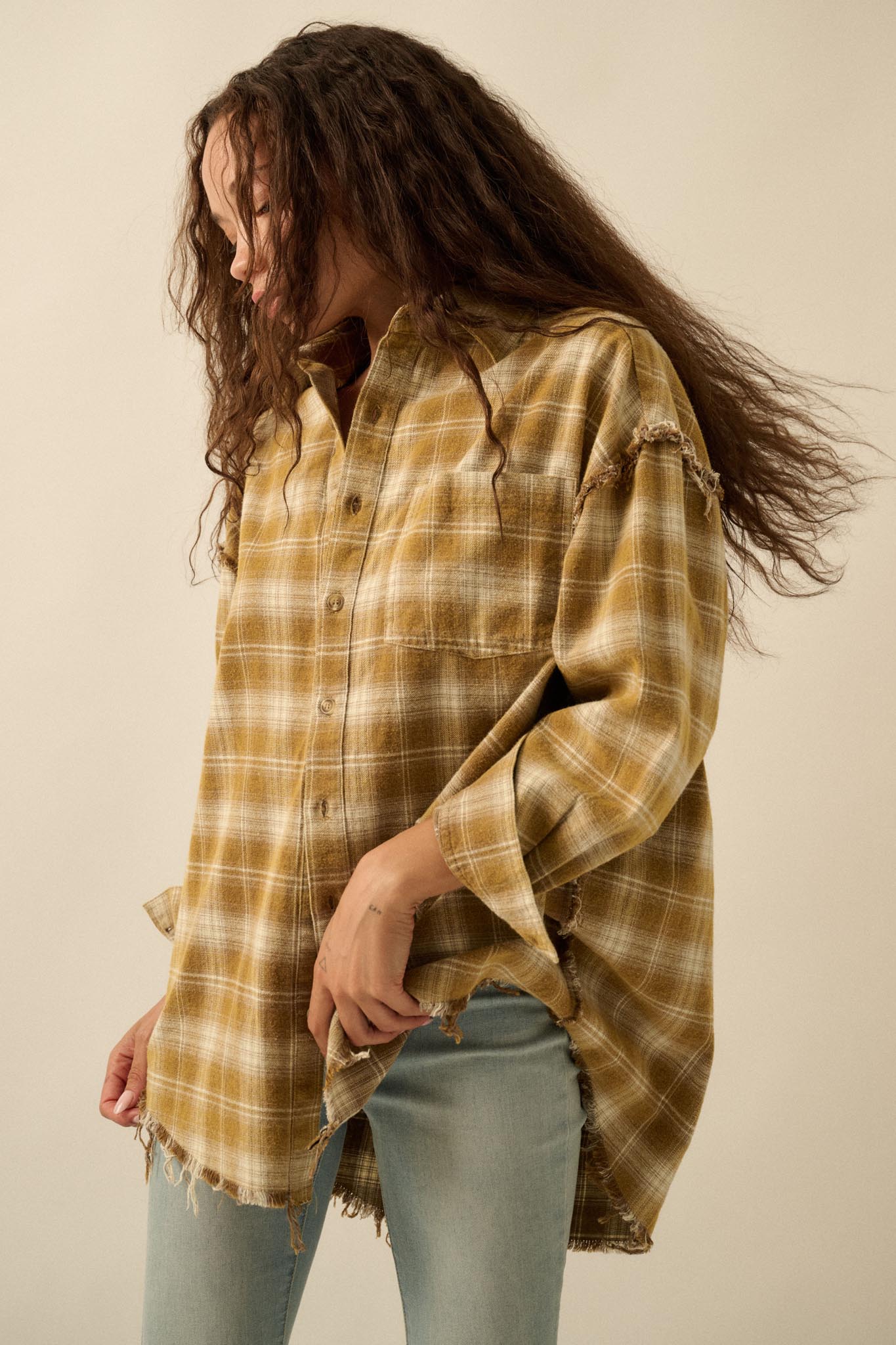 Grunge Era Oversize Raw-Edge Plaid Flannel Shirt Sand / M Grunge Era Oversize Raw-Edge Plaid Flannel Shirt Sand / M
