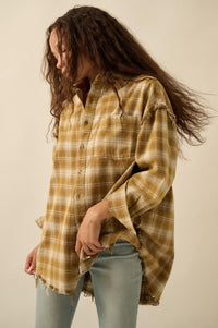 Grunge Era Oversize Raw-Edge Plaid Flannel Shirt - ShopPromesa