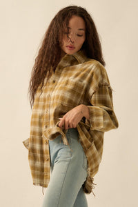 Grunge Era Oversize Raw-Edge Plaid Flannel Shirt - ShopPromesa