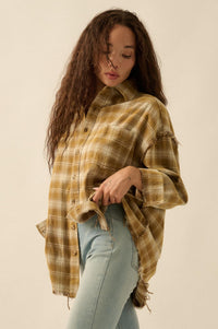Grunge Era Oversize Raw-Edge Plaid Flannel Shirt - ShopPromesa