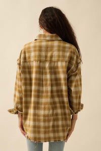 Grunge Era Oversize Raw-Edge Plaid Flannel Shirt - ShopPromesa