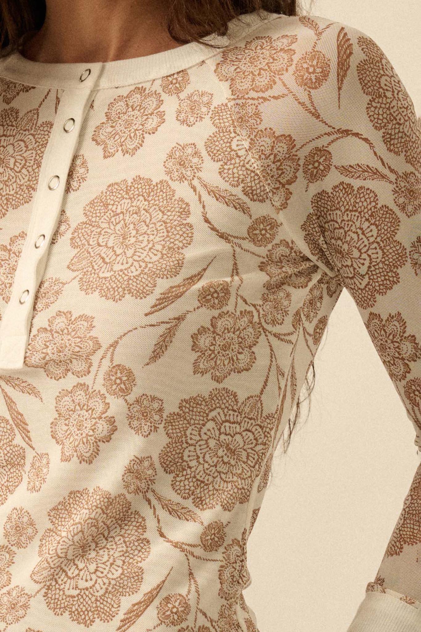 Windswept Petals Floral Mesh Split-Cuff Henley Top - ShopPromesa