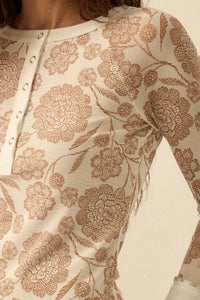 Windswept Petals Floral Mesh Split-Cuff Henley Top - ShopPromesa