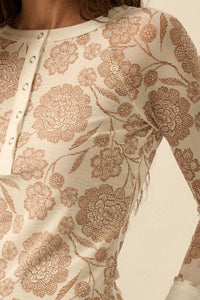 Windswept Petals Floral Mesh Split-Cuff Henley Top - ShopPromesa