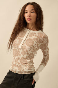 Windswept Petals Floral Mesh Split-Cuff Henley Top - ShopPromesa